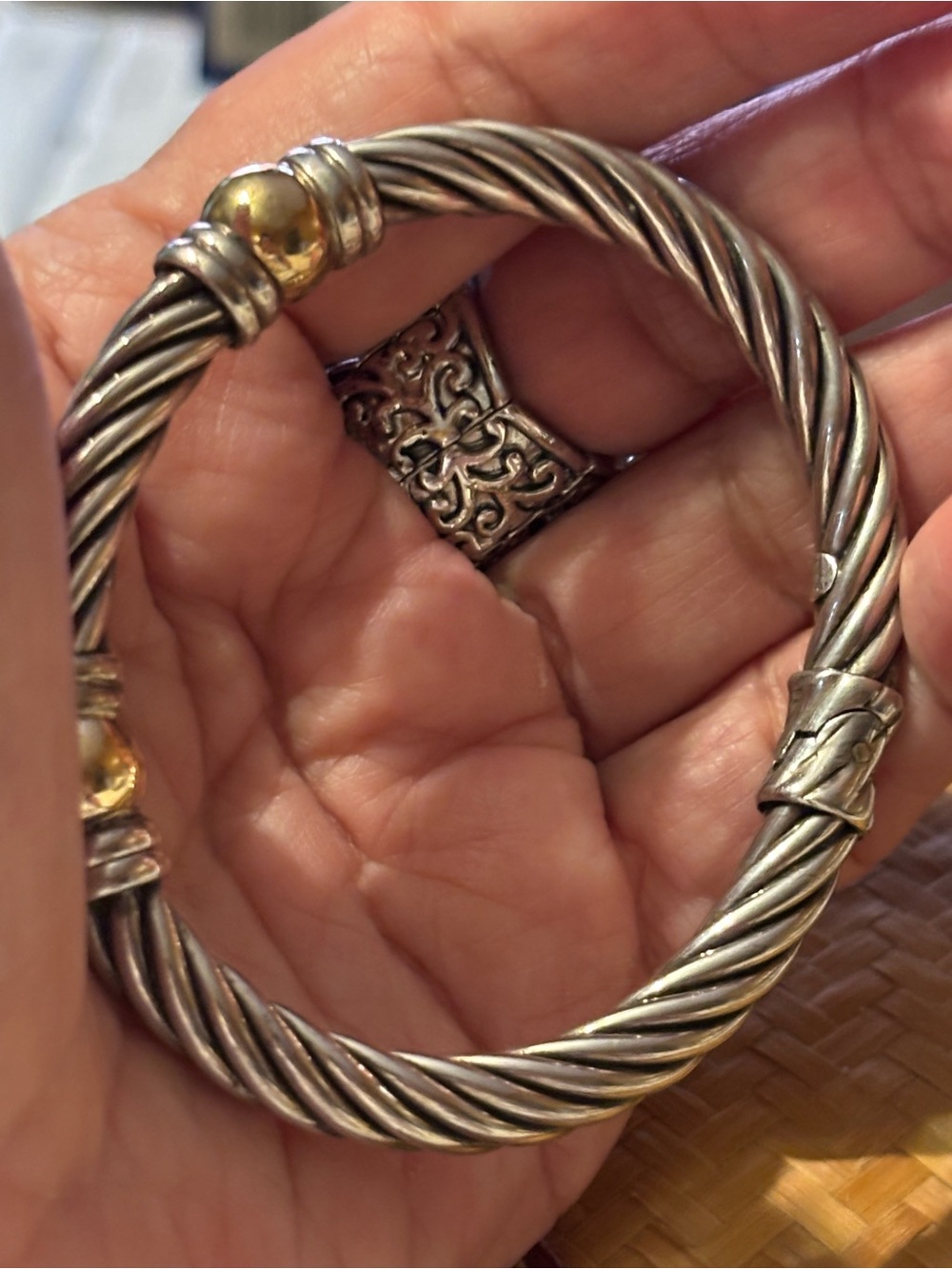TORC-ALS Sterling Silver Bangle; Twisted Cable Bangle with Gold Accents